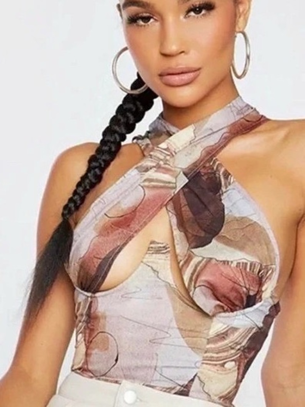 PrettyLittleThing Abstract Print Underbust Halterneck Cross Over Corset Abstract
